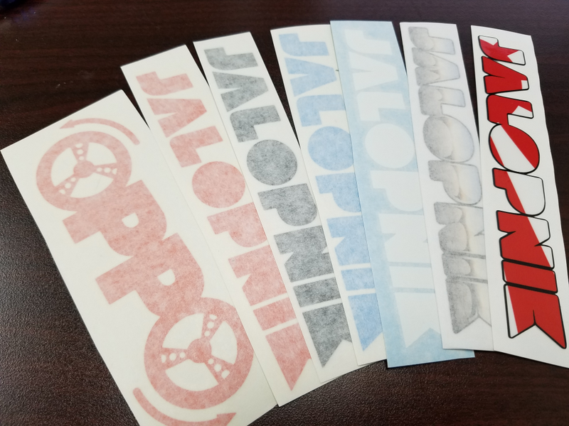 From left to right: Oppo, nuJalop orange, black, light blue, white, OG chrome, and Rising Sun. Approx. 6"x2" and 7"x1.25"